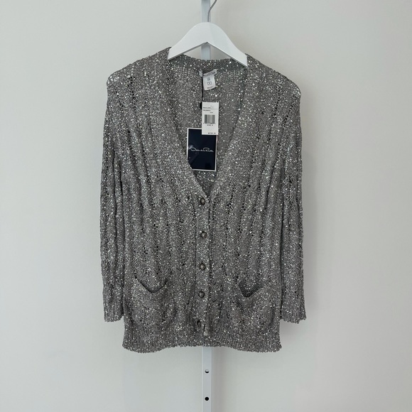 OSCAR DE LA RENTA SILVER SEQUINS SILK CARDIGAN SIZE S NWTS! - Picture 2 of 16